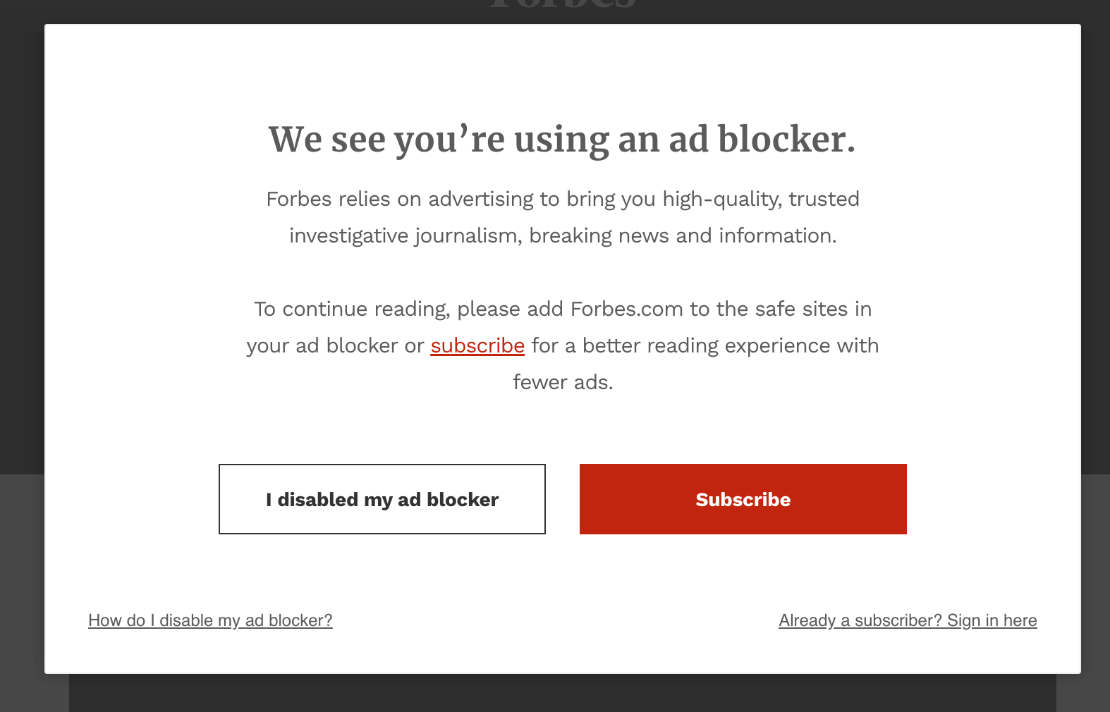 Ad blocker pop up on Forbes.com