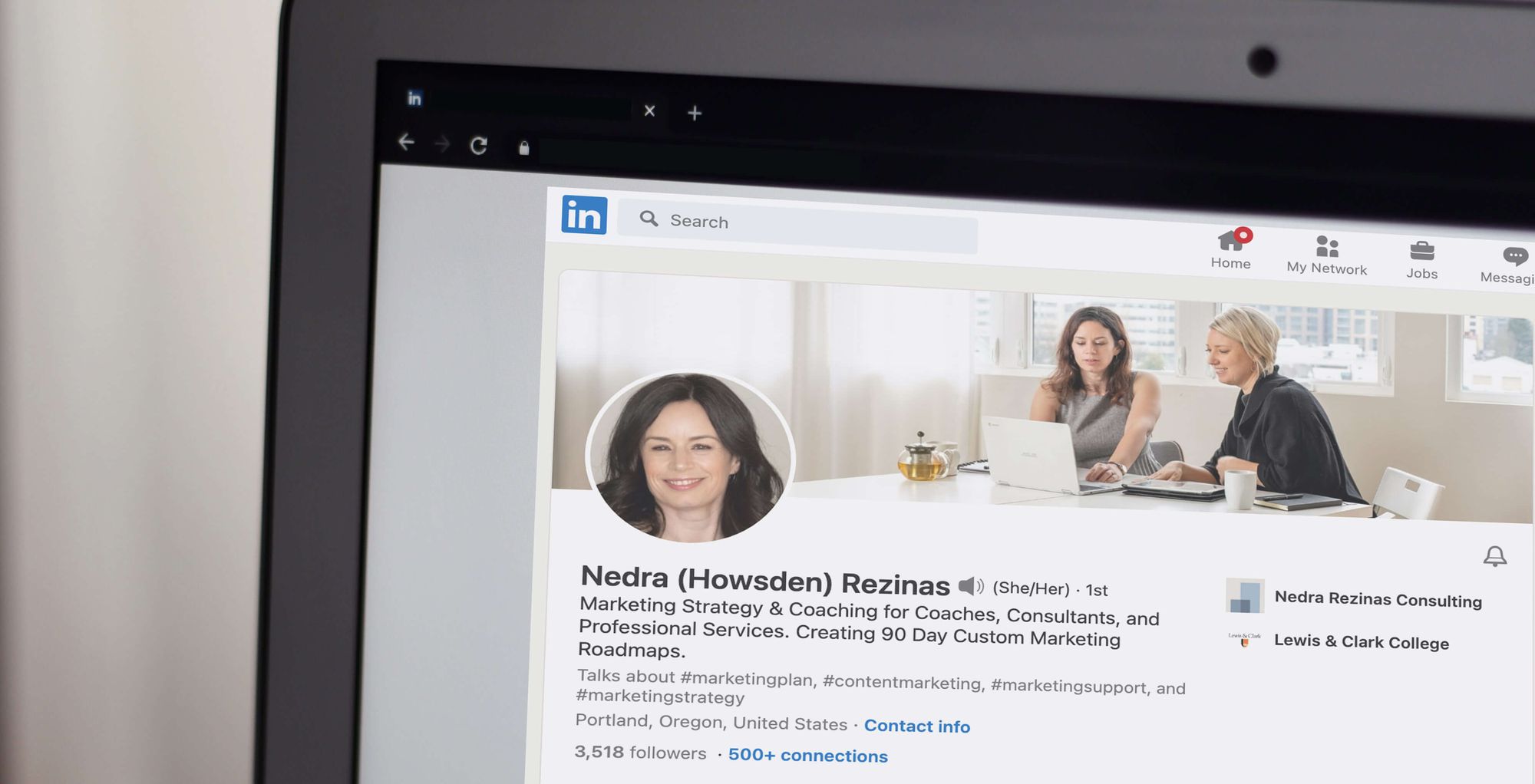 Leverage LinkedIn by Nedra Rezinas, photo of her LinkedIn profile.