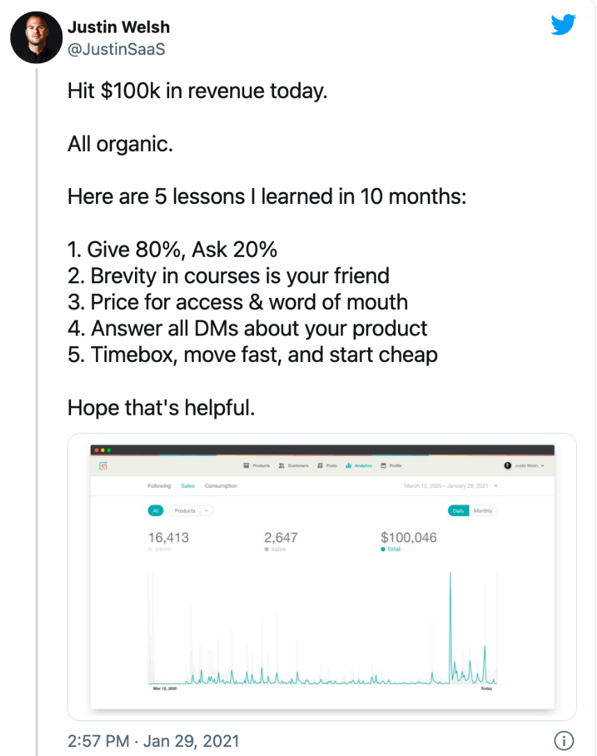 Justin Welsh sharing he hist $100k in revenue (positioning) while also sharing what he learned (valuable content for others).
