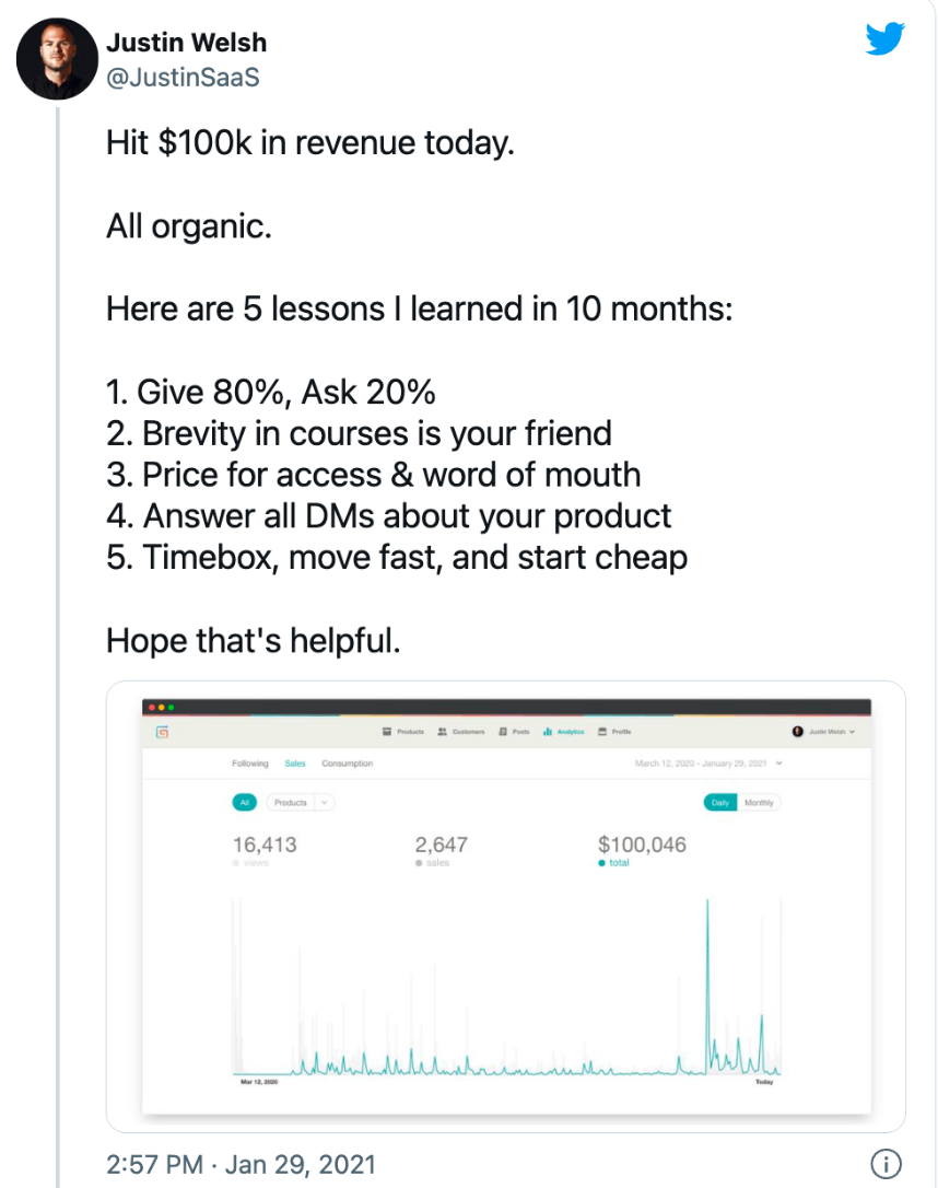 Justin Welsh sharing he hist $100k in revenue (positioning) while also sharing what he learned (valuable content for others).  
