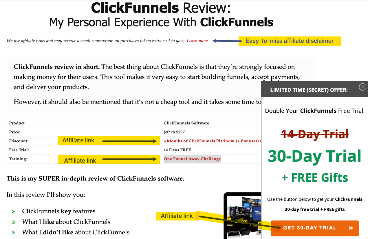 Sample of a ClickFunnels "review" with numerous affiliate links.