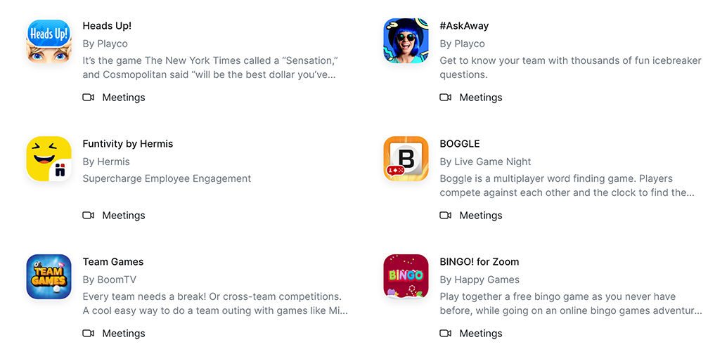 screenshot of games apps on the zoom marketplace