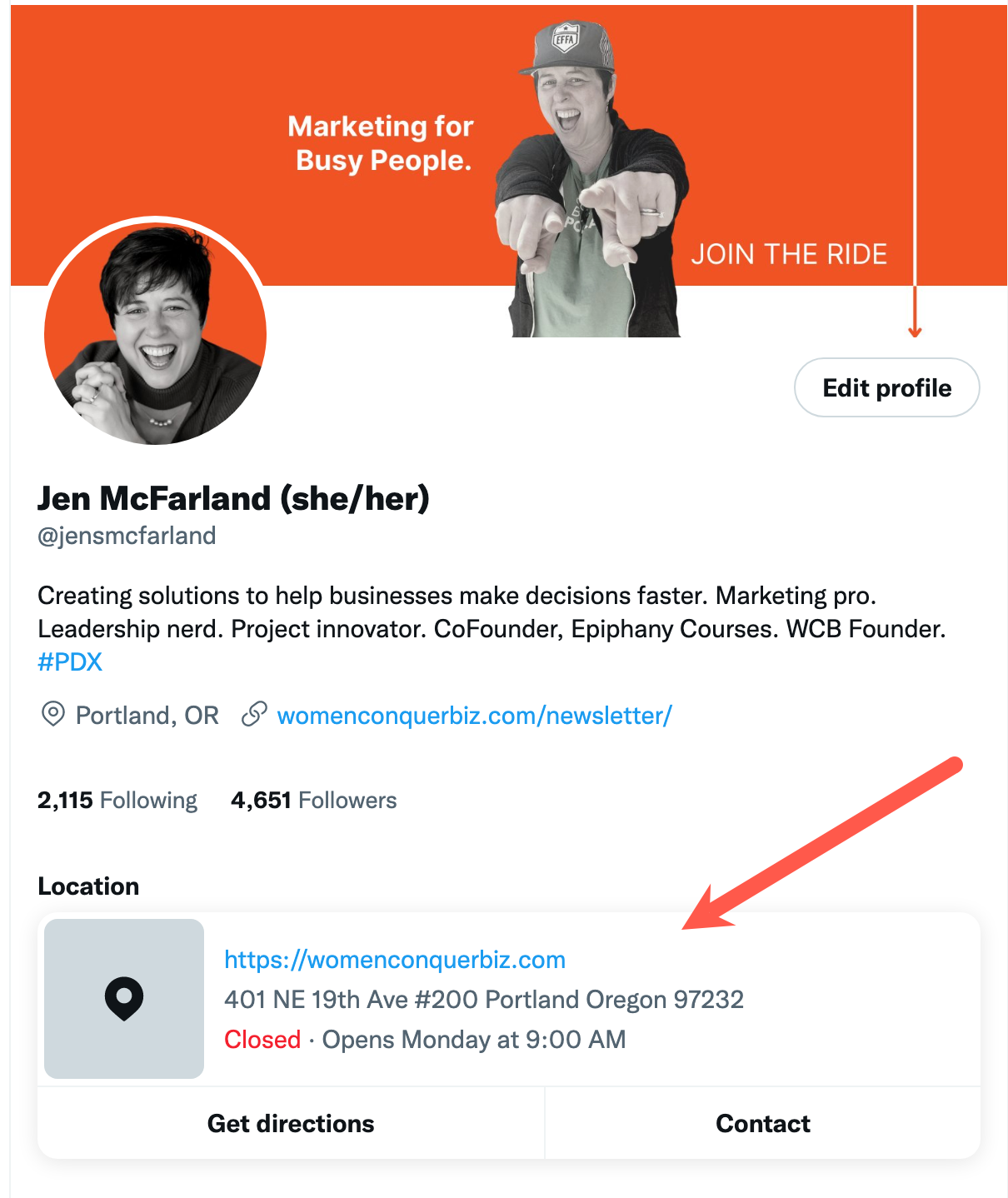 Here's an example of a completed location spotlight on Twitter, including website, address, hours and contact information.