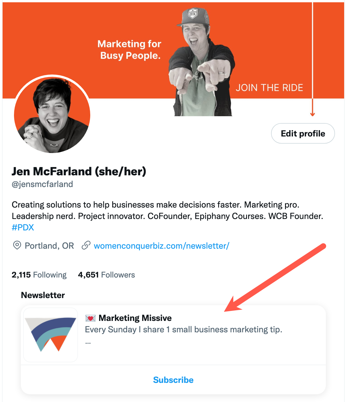 The Marketing Missive newsletter subscription activated on my Jen McFarland Twitter profile.