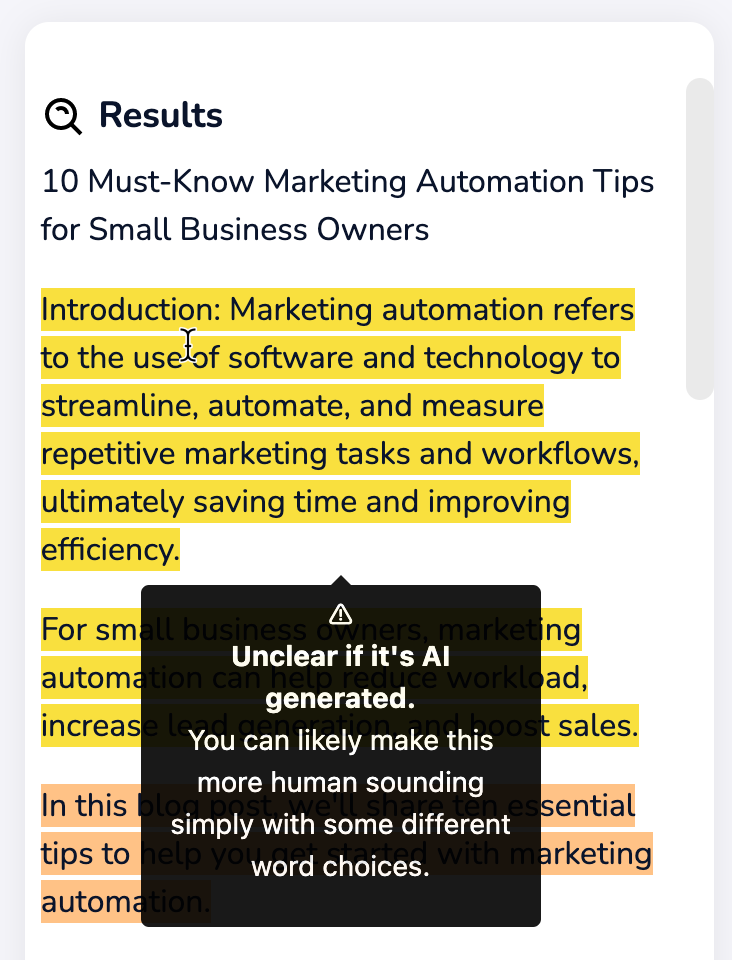 Content at Scale's AI Detector will tell you how "human" your ChatGPT blog post is. Edit this sentences to sound like you. 