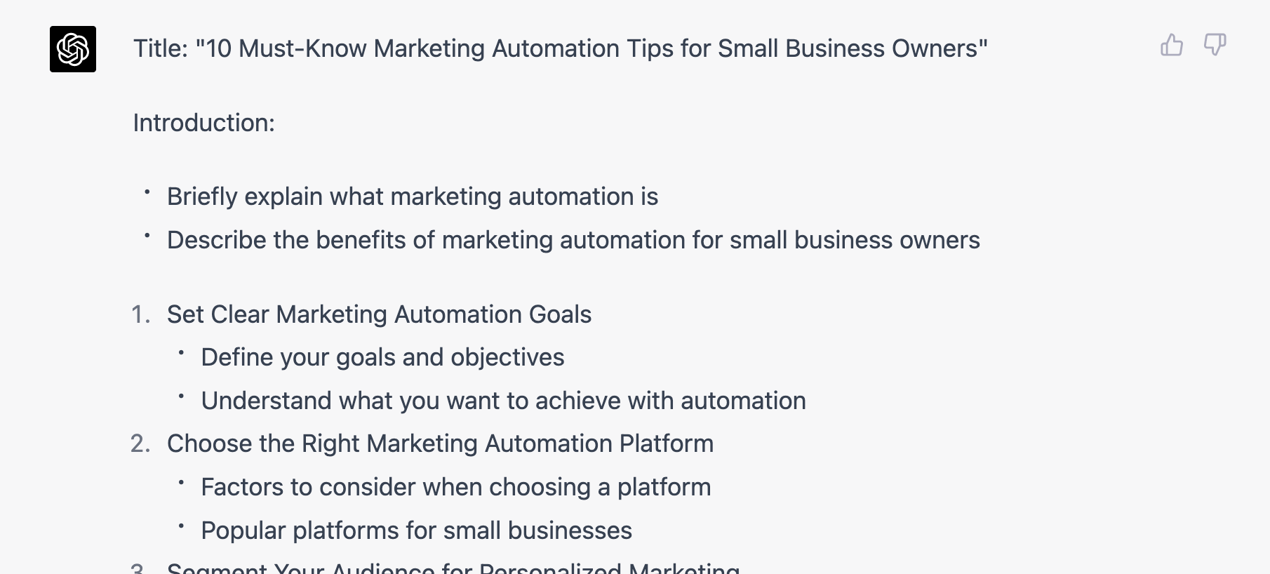ChatGPT output of blog post outline '10 Must-Know Marketing Automation Tips"