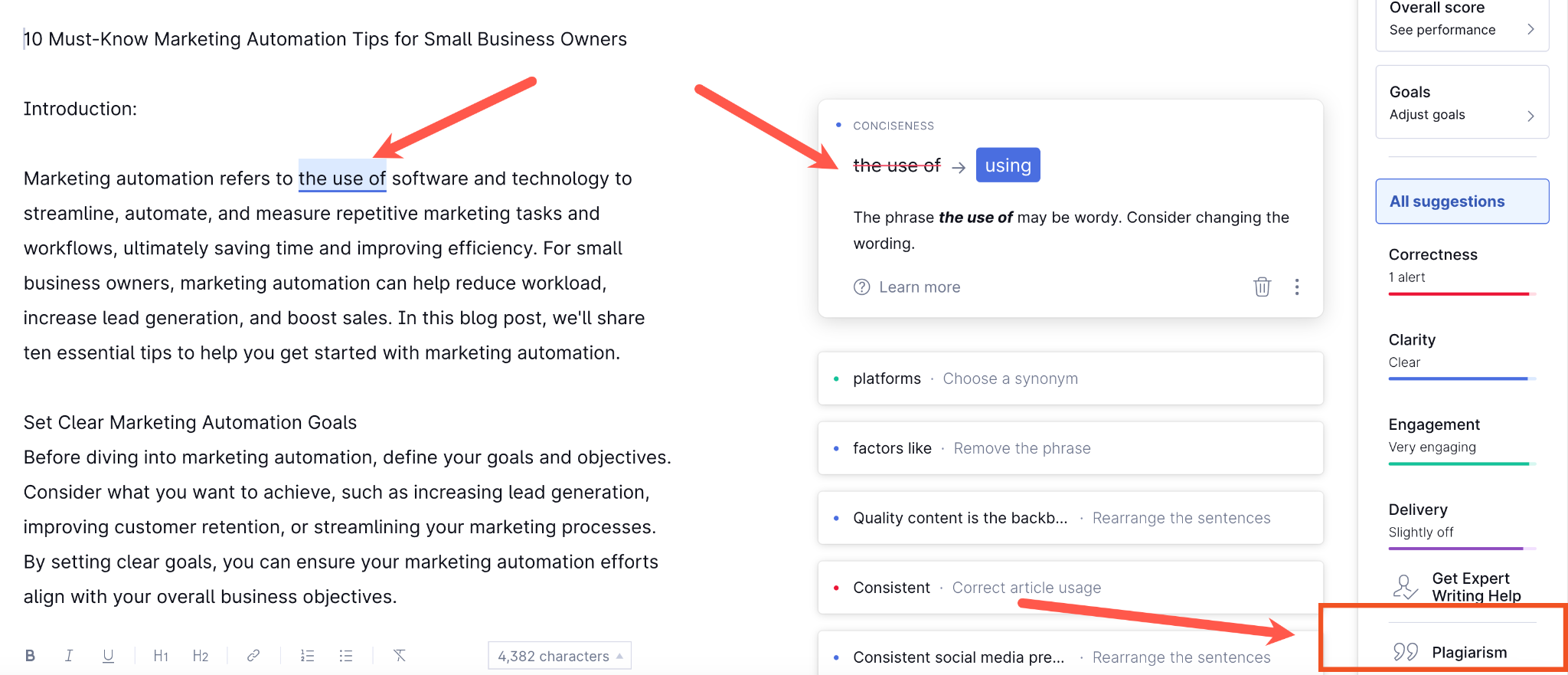 Grammarly's grammar suggestions.