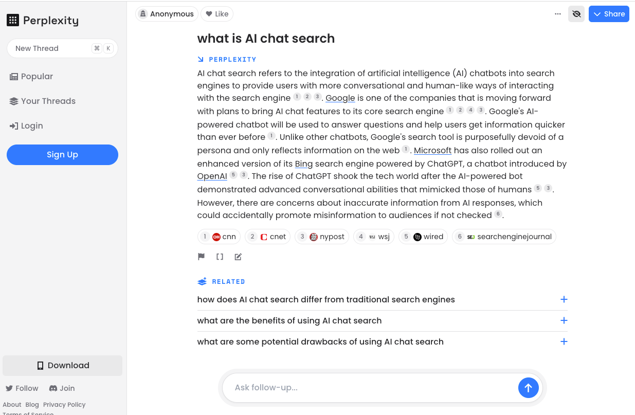 AI chat search example using Perplexity.ai.