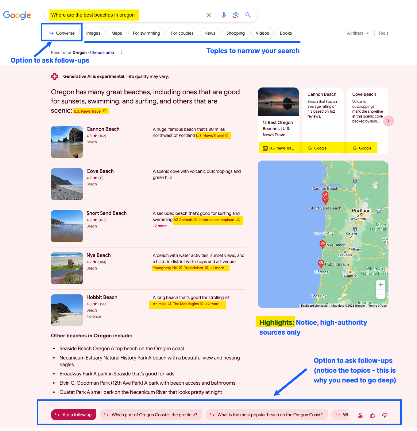 Google SGE example, best beaches in Oregon