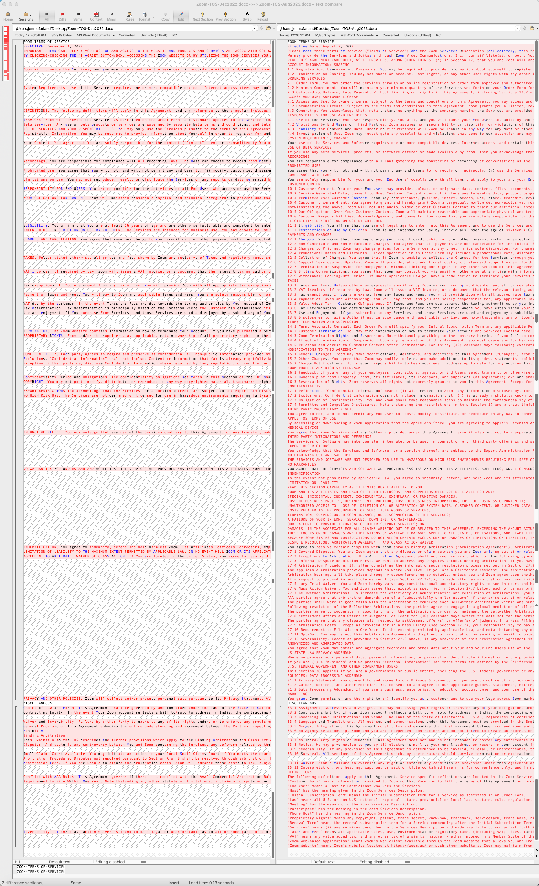 Zoom terms of service comparison. You'll notice the old terms of service (on the left) are much shorter.