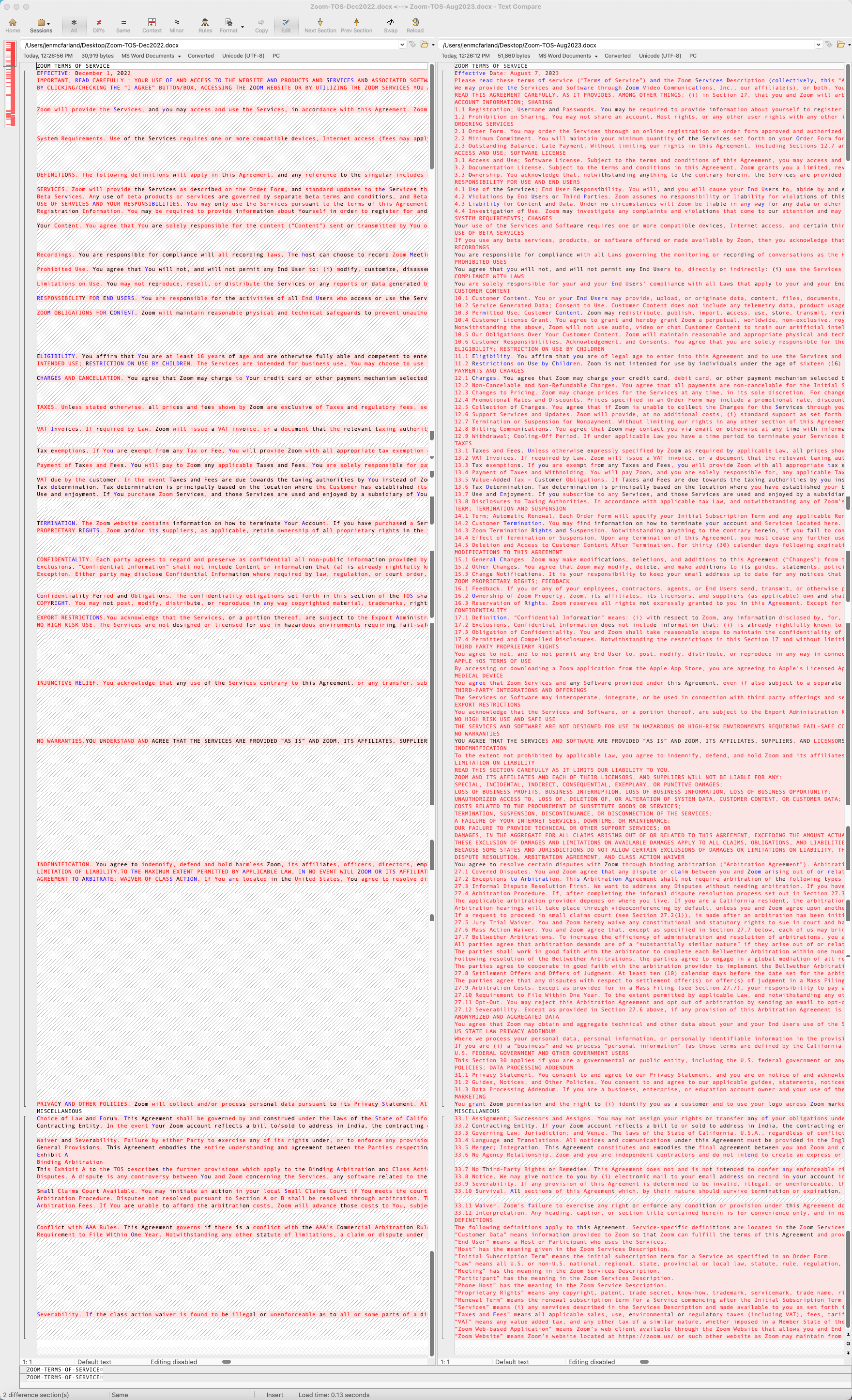 Zoom terms of service comparison. You'll notice the old terms of service (on the left) are much shorter. 