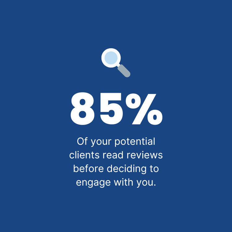 85% of potential clients read customer reviews before deciding whether to engage with you.