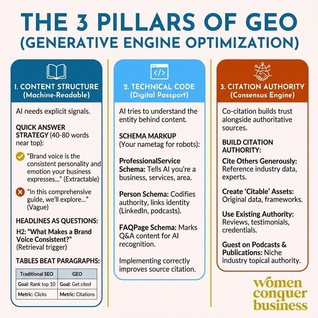 Three pillars of generative engine optimization: content struture, technical code, and citation authority.
