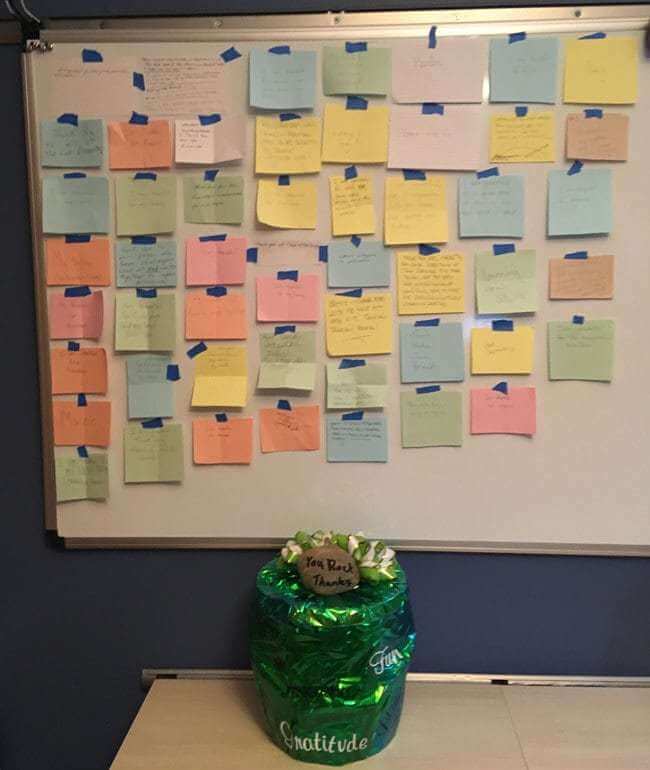 How Planting a Leadership Garden Transformed my Business (#1 Effective Leadership Tips) 8 Post-it notes with gratitude car - Responses from the Chatcolab gratitude jar