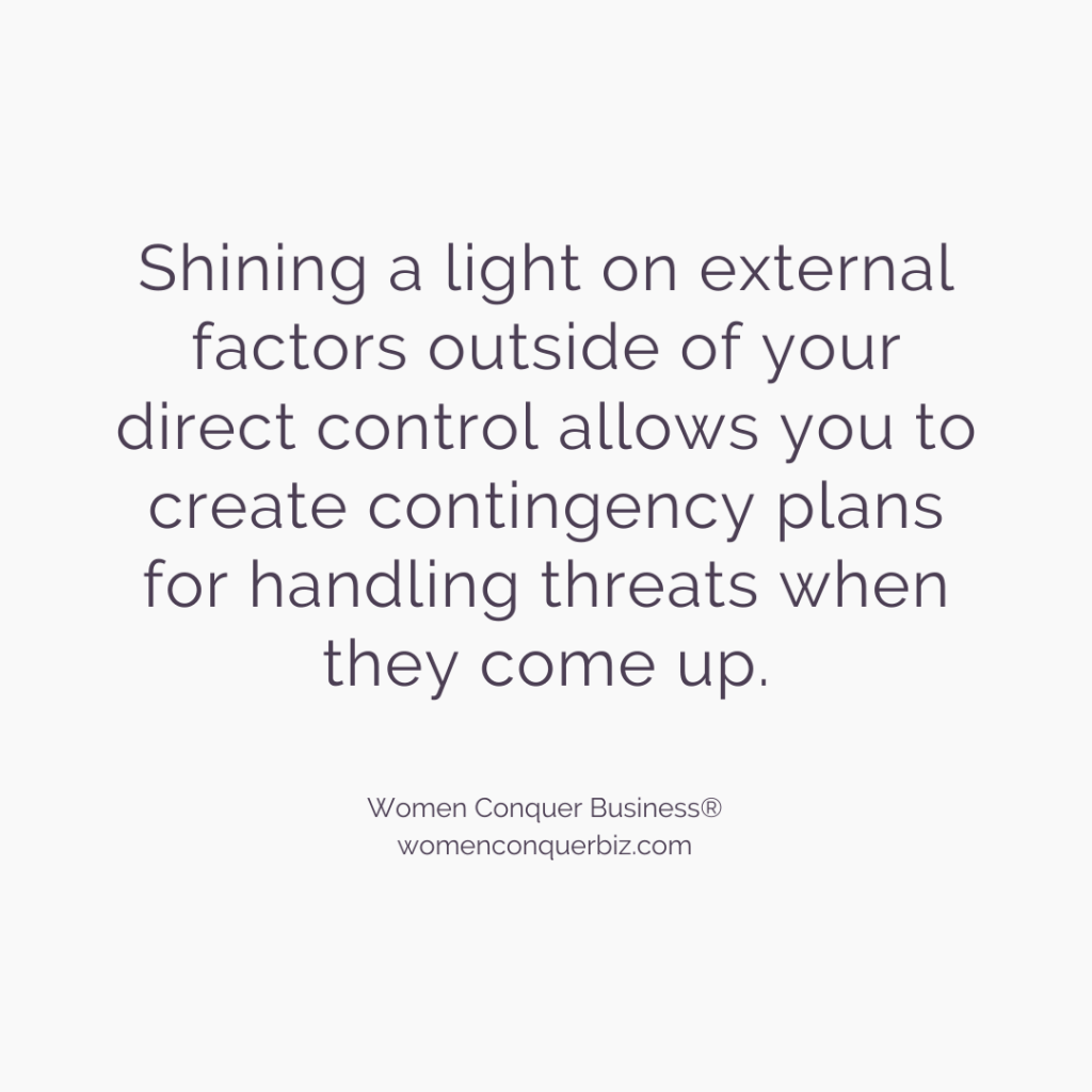 Shining a light on external factors outside of your direct control allows you to create contingency plans for handling threats when they come up. 