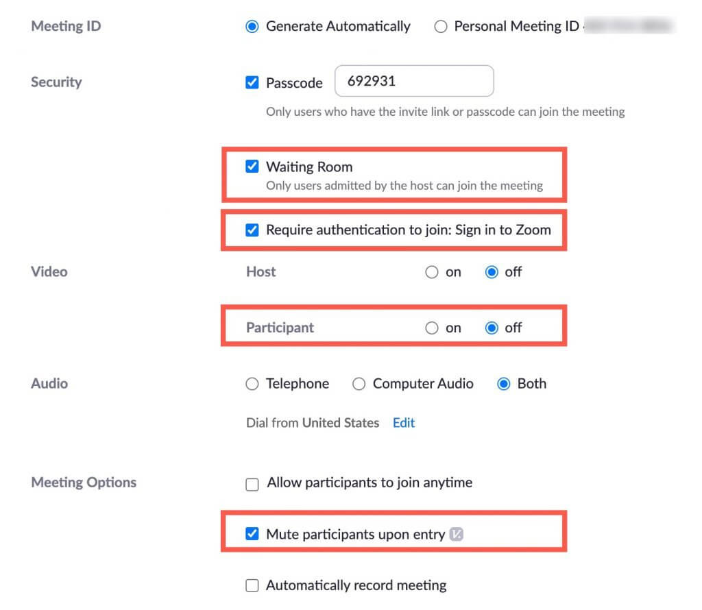 Prevent zoomboming with these additional security settings turned on: waiting room, require authentication to join, turn off participant video, and mute participants upon entry.