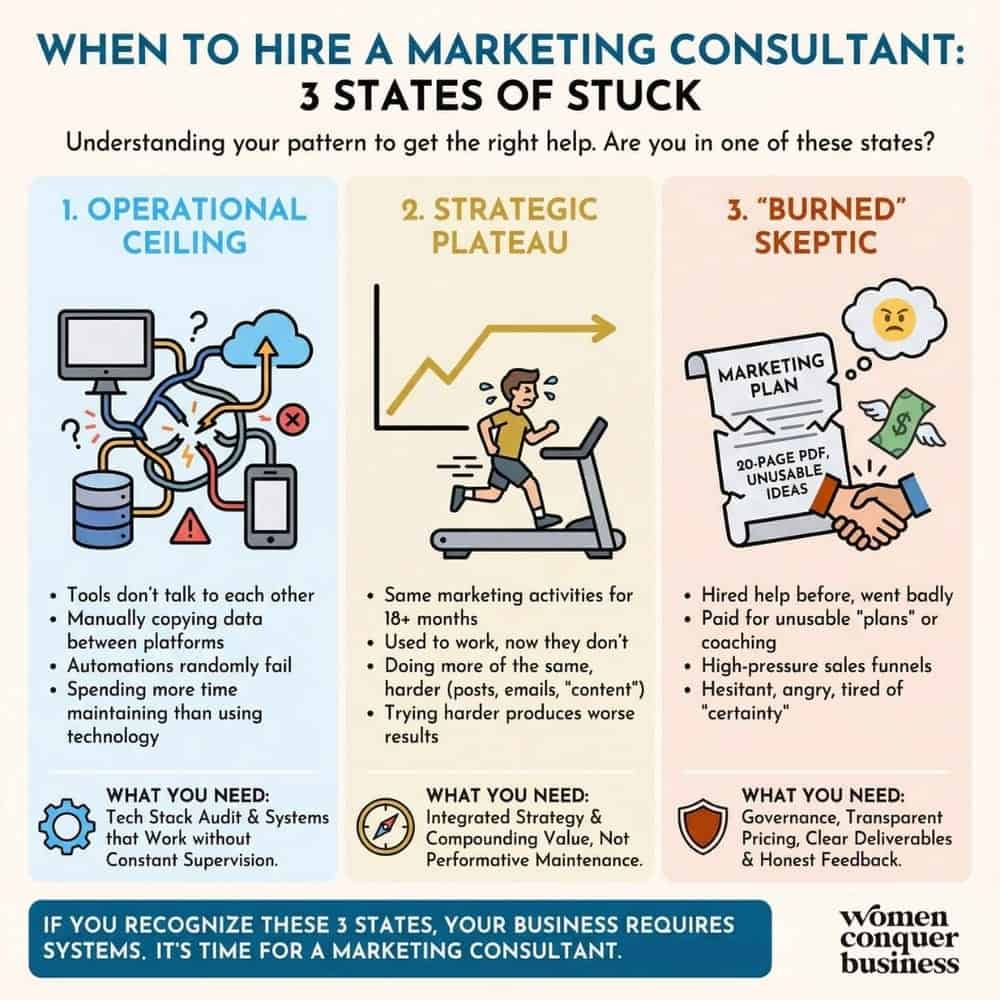 How to Find the Right Marketing Consultant for Your Small Business (2026) when to hire a marketing consultant 3 states of stuck