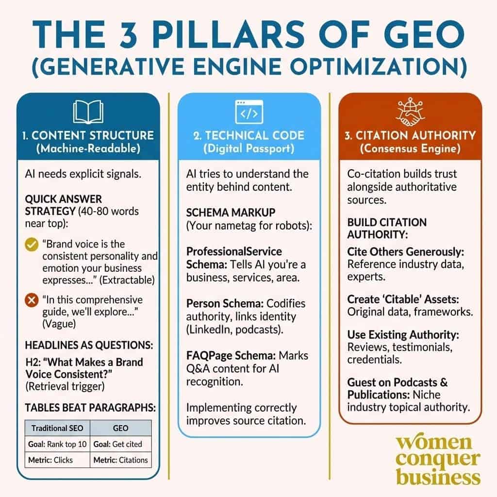What Is Generative Engine Optimization (GEO)? 2026 Business Guide Three pillars of generative engine optimization: content struture, technical code, and citation authority.