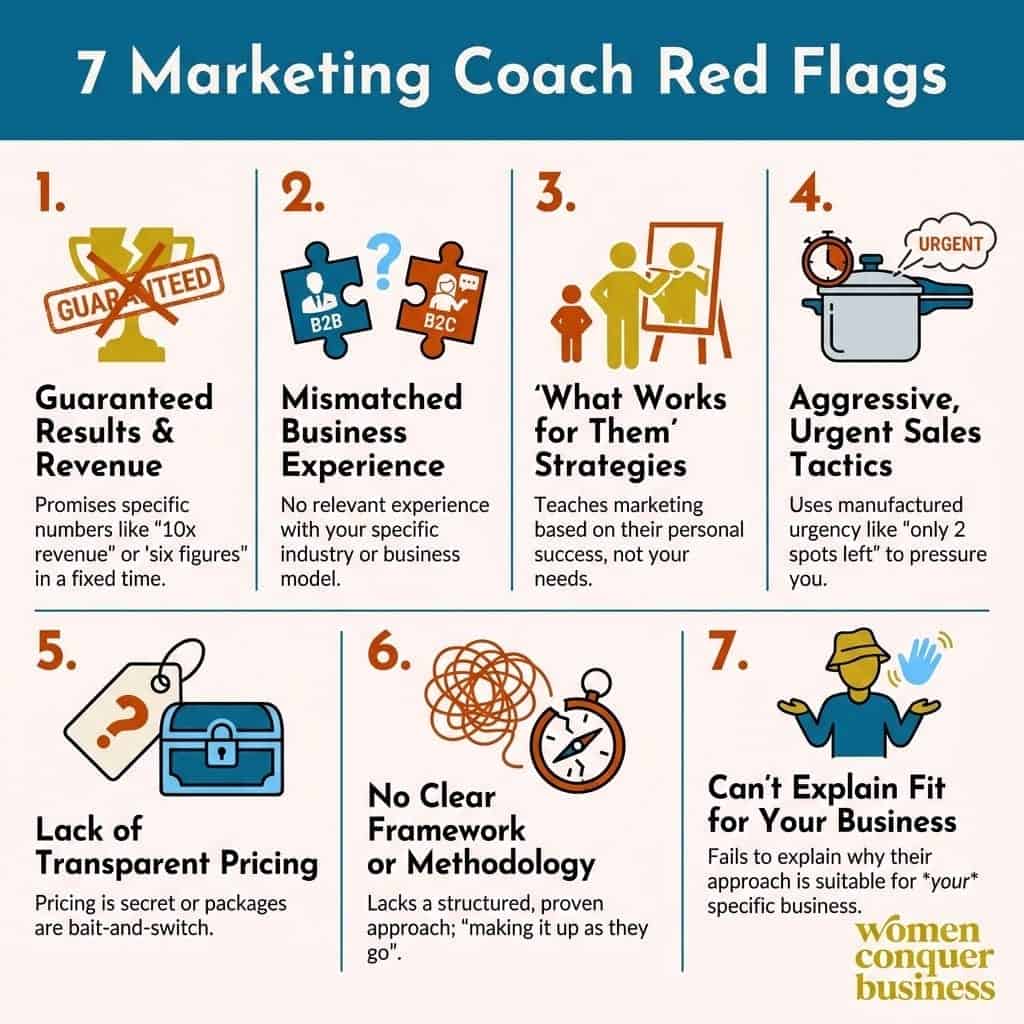 7 Marketing Coach Red Flags You Need to Know 7 marketing coaching red flags. opaque pricing, can't explain fit, overly aggressive