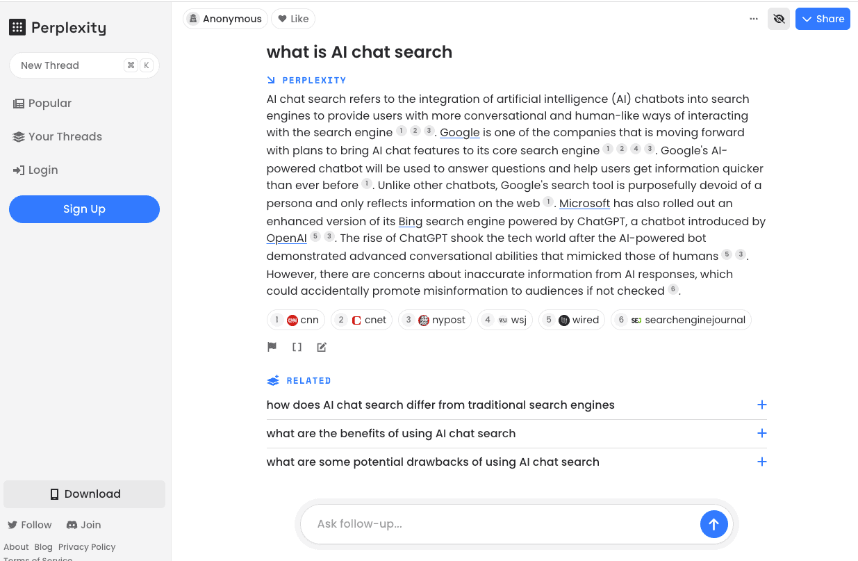 AI is Here to Stay. Diversify Your Marketing. AI chat search example using Perplexity.ai.