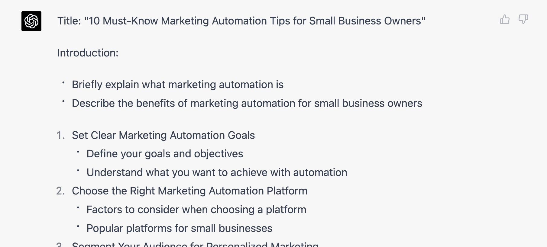 Save Time with this Free 10-Step AI Blog Workflow ChatGPT output of blog post outline '10 Must-Know Marketing Automation Tips"