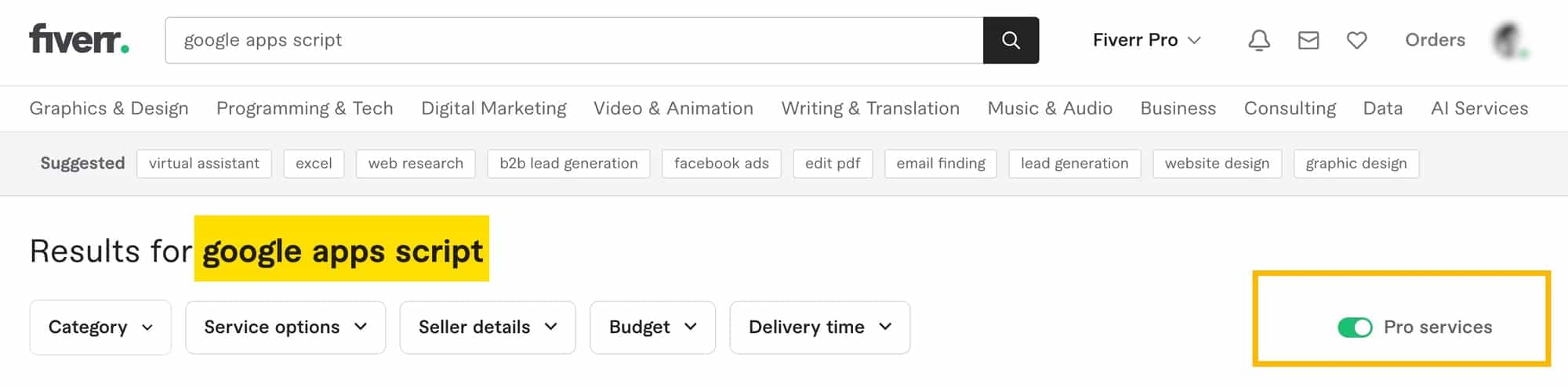 Search for Google Apps Script on Fiverr and tic the box for "Pro services."
