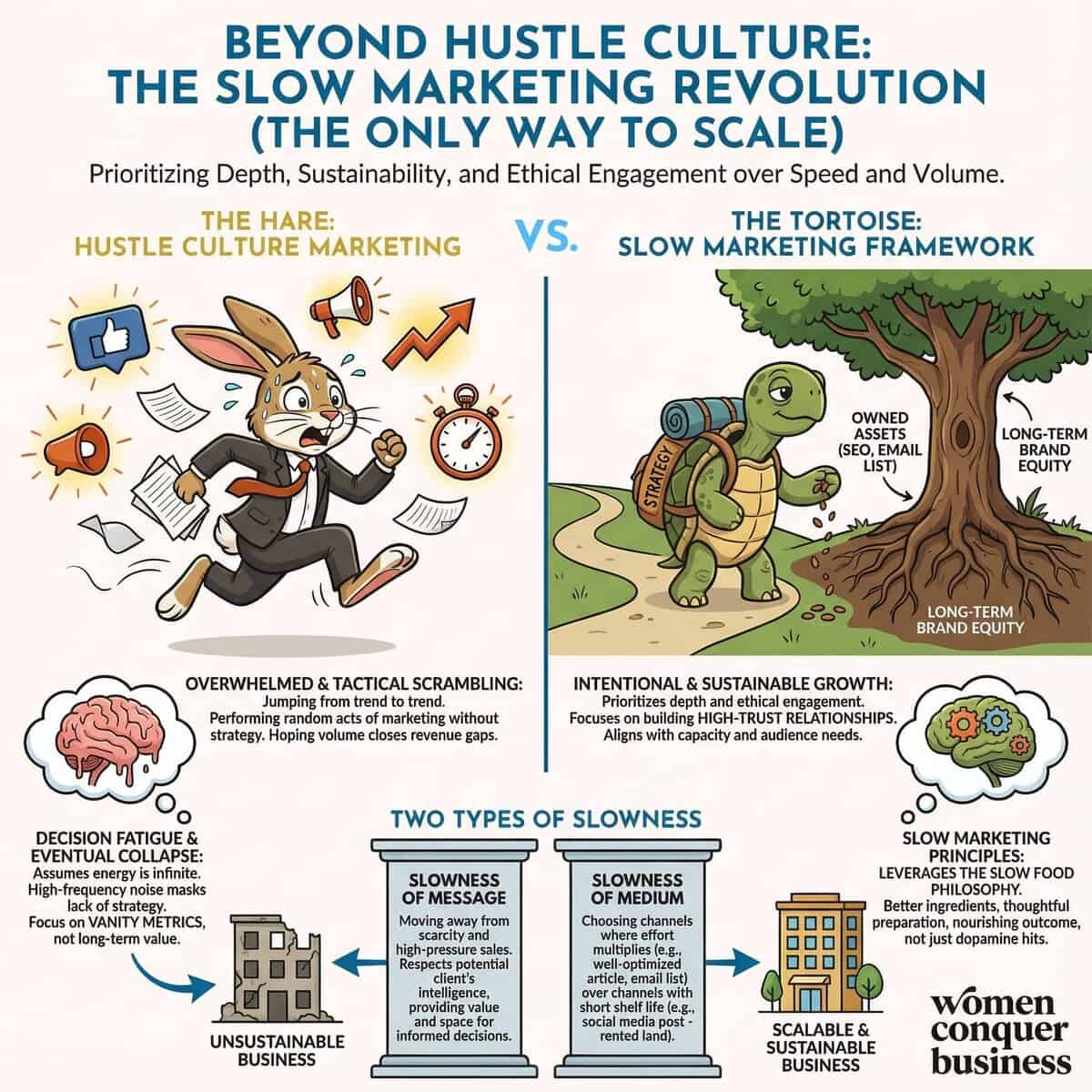 Beyond Hustle Culture: The Slow Marketing Revolution (The Only Way to Scale) The tortoise and the hare. Hustle culture is the hare, slow marketing is the tortoise.