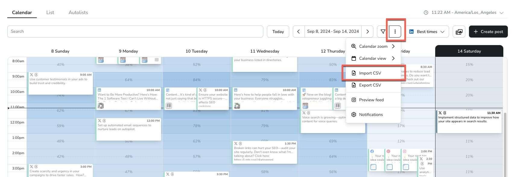 Maximizing Your Marketing Strategy with Metricool: A Comprehensive Review View of where to bulk import posts via CSV inside Metricool.