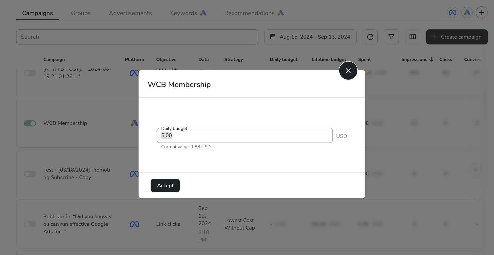 Maximizing Your Marketing Strategy with Metricool: A Comprehensive Review Editing a Google Ads daily budget.