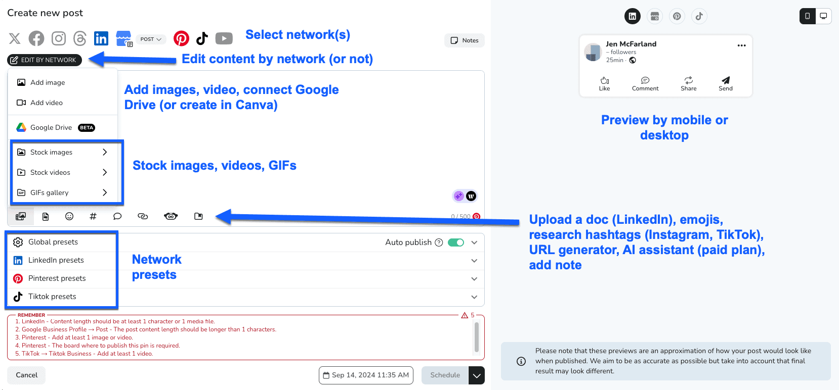 Maximizing Your Marketing Strategy with Metricool: A Comprehensive Review Metricool's all-in-one scheduling window, with features highlighted.