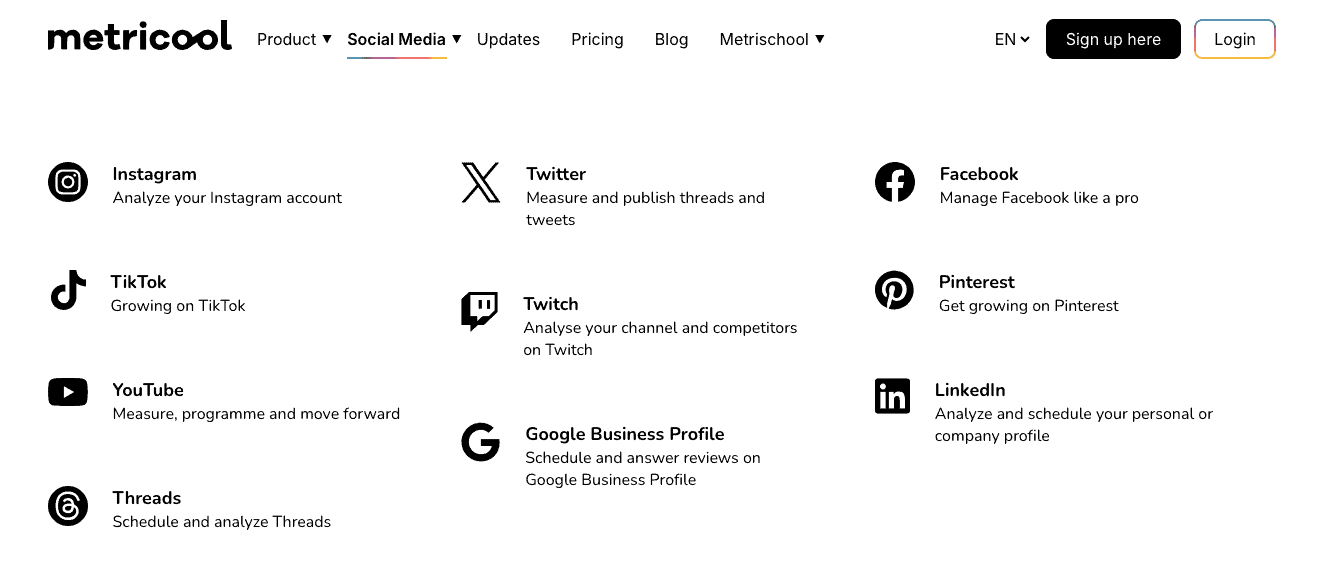 Maximizing Your Marketing Strategy with Metricool: A Comprehensive Review Metricool social media platforms: Instagram, TikTok, YouTube, Threads, X, Twitch, Google Business Profile, Facebook, Pinterest, LinkedIn.