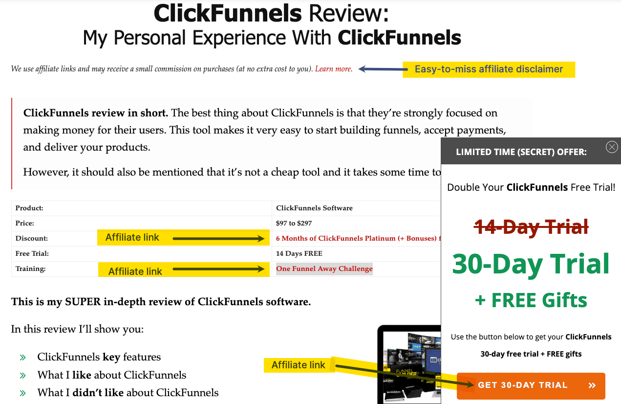 The Brutally Honest Truth About Affiliate Marketing Sample of a ClickFunnels "review" with numerous affiliate links.