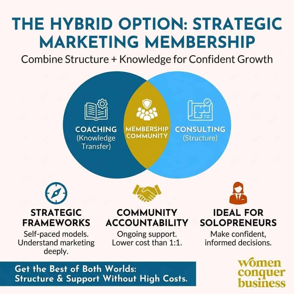 Marketing Coach vs Consultant vs Agency: Which One Fits Your Business? combine structure and knowledge for business growth paid community for solopreneurs