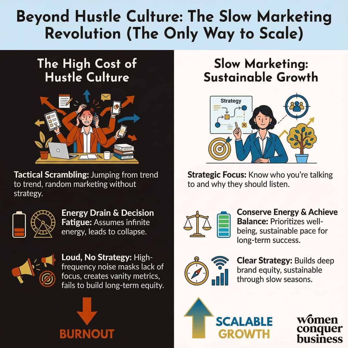 Beyond Hustle Culture: The Slow Marketing Revolution (The Only Way to Scale) the high cost of hustle culture vs the sustainable business growth of slow marketing