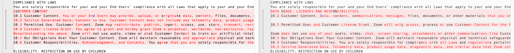 Zoom's AI Update: Incredibly Intrusive Changes & What It Means for Small Businesses Screenshot of changes from August 7, 2023 Zoom terms of service (left) and August 11 terms of service.